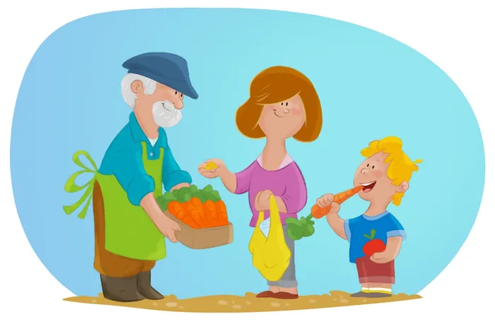 Farmer handing basket of carrots to woman and child, artwork by Andreas Besser