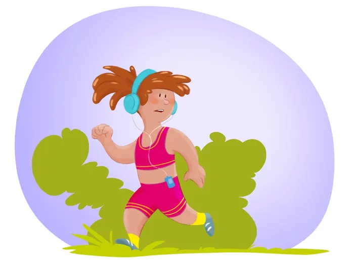 Woman jogging outdoors with headphones and bright athletic clothes by Andreas Besser