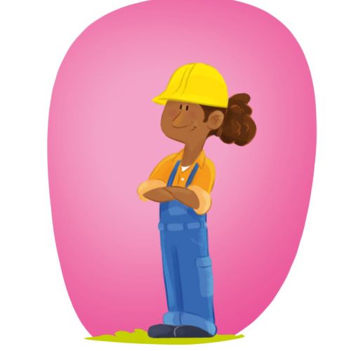 Confident female construction worker wearing yellow hard hat and blue overalls by Andreas Besser