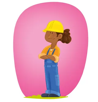 Confident female construction worker wearing yellow hard hat and blue overalls by Andreas Besser