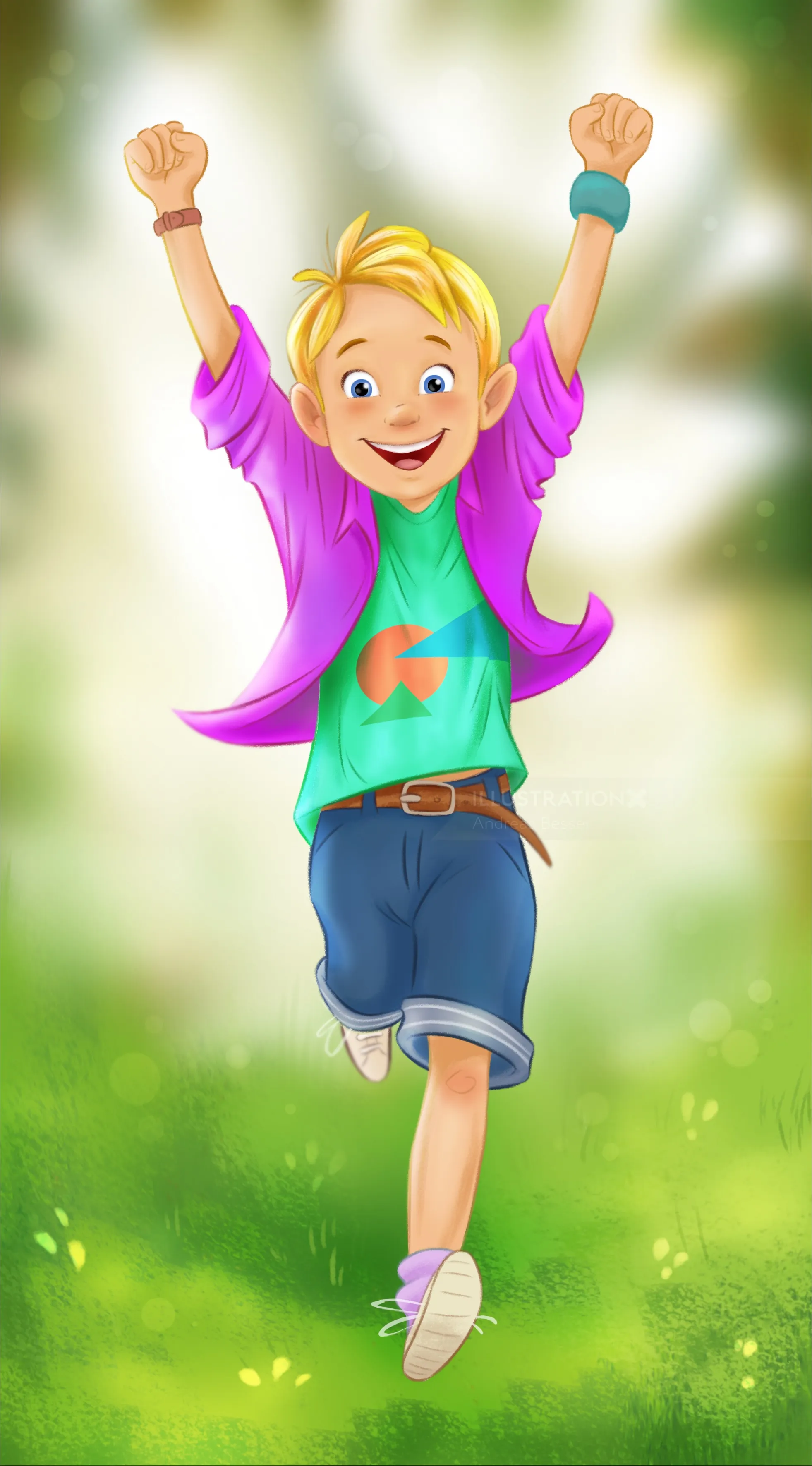 Ilustración de un niño feliz corriendo al aire libre por Andreas Besser