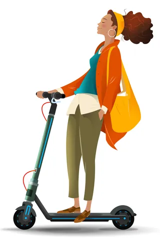 Stylish woman riding an electric scooter by Andreas Besser