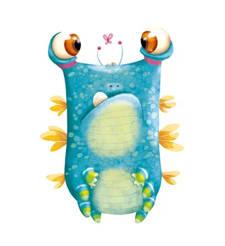 Blue cartoon monster with big eyes looking at pink butterfly by Andreas Besser