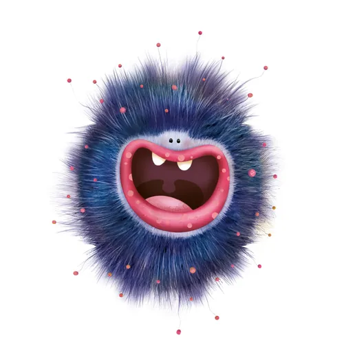 Blaues, pelziges Cartoon-Monster mit offenem Mund und Zähnen von Andreas Besser