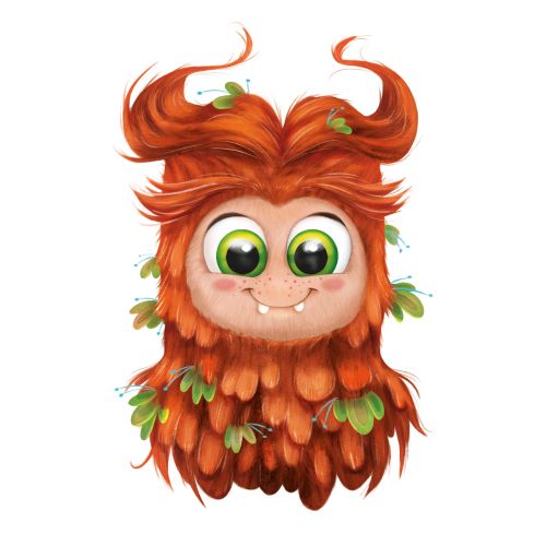 Whimsical furry creature with red hair and big green eyes by Andreas Besser