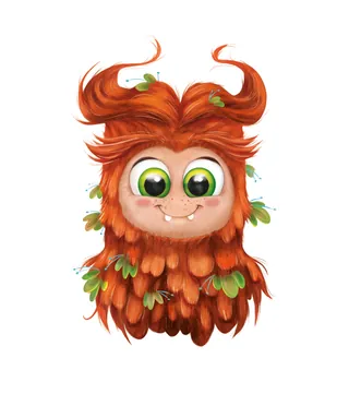 Whimsical furry creature with red hair and big green eyes by Andreas Besser