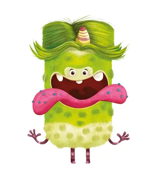 Whimsical green monster with pink tongue and a horn by Andreas Besser