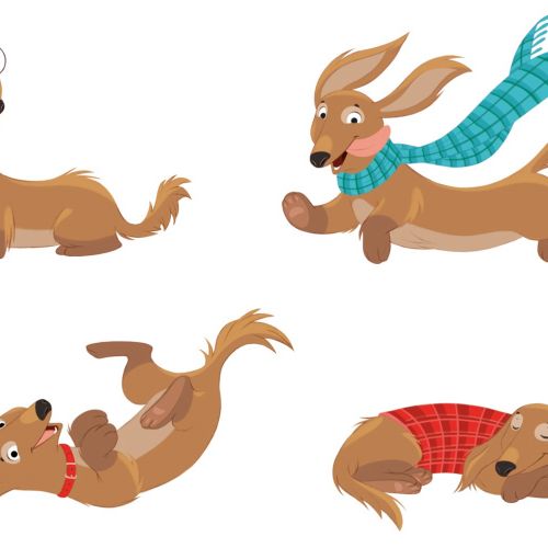 Four cartoon dachshund dogs in scarves and bow ties by Andreas Besser