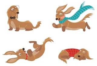 Four cartoon dachshund dogs in scarves and bow ties by Andreas Besser