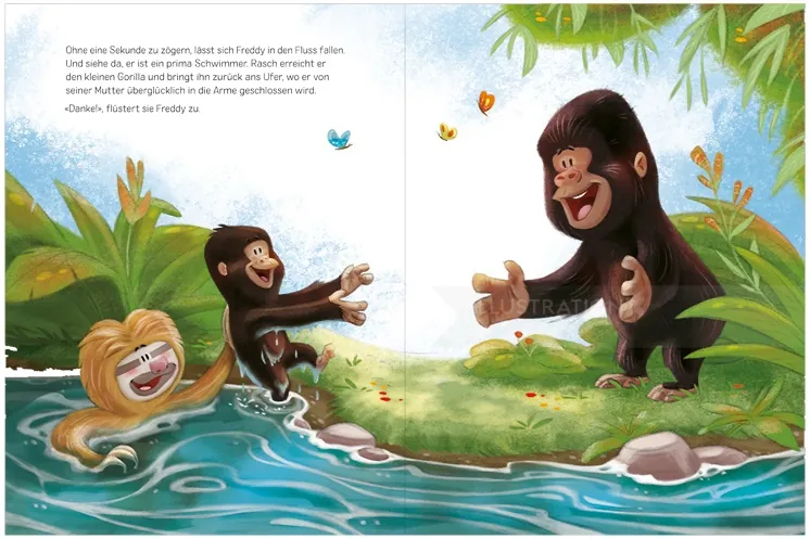 Junge Affen spielen vergnügt am Flussufer. Illustration von Andreas Besser