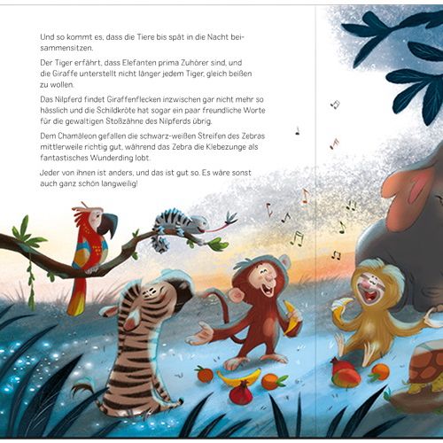 Joyful animals playing and dancing in water, illustrated by Andreas Besser