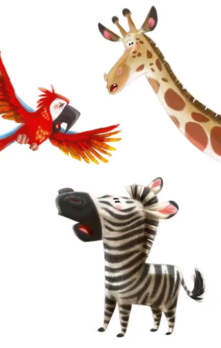Cartoon giraffe, parrot, and zebra animals by Andreas Besser