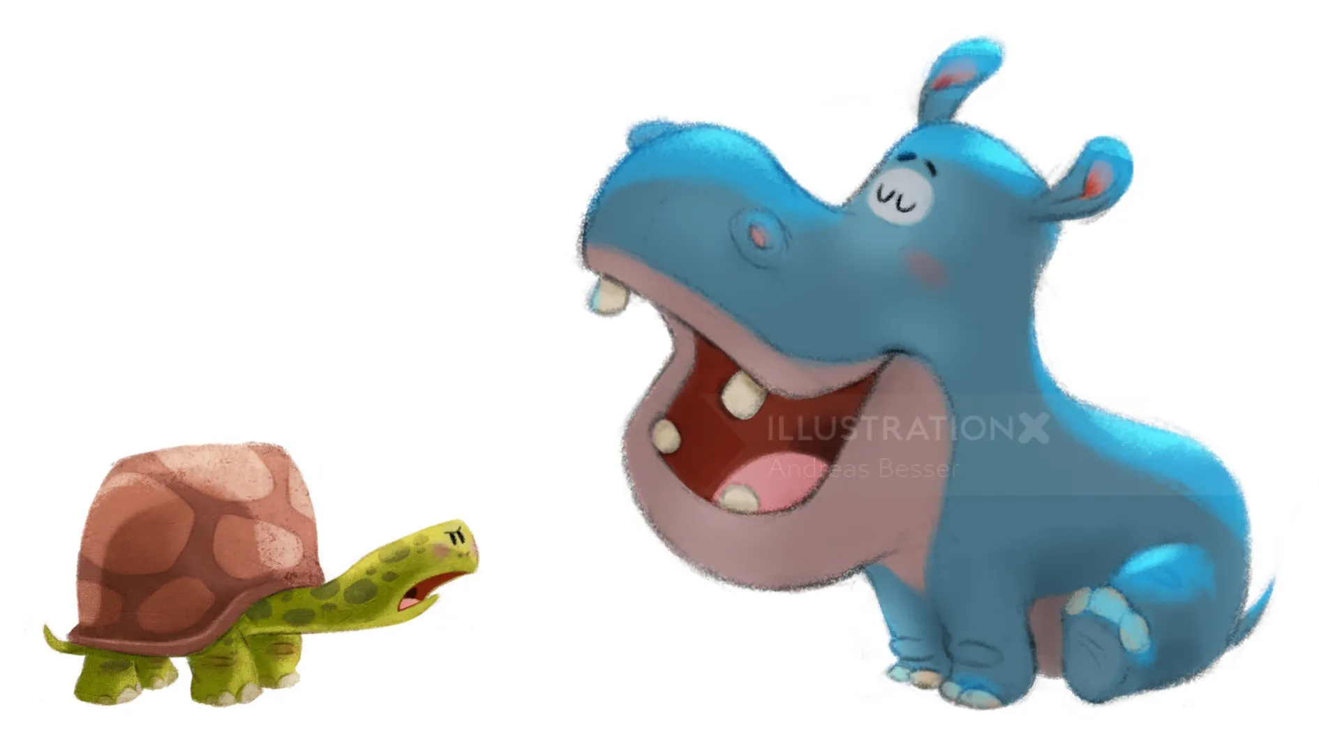 Ilustración de un hipopótamo azul de dibujos animados sonriendo a una tortuga, realizada por Andreas Besser