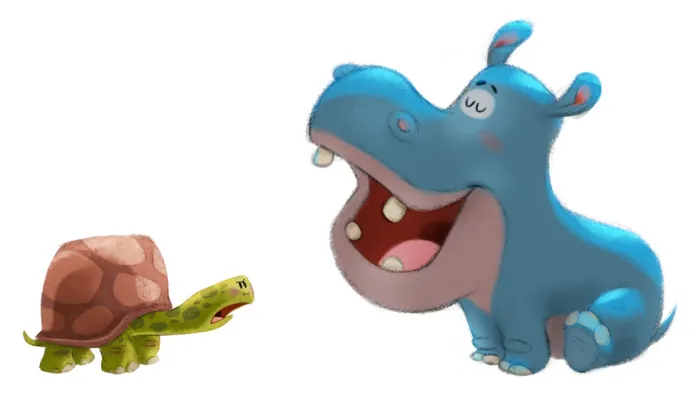 Cartoon blue hippo smiling at turtle illustration by Andreas Besser