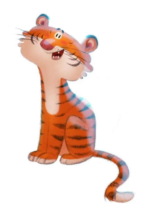 Verspielter sitzender Tiger-Cartoon mit großen Augen und Schnurrhaaren von Andreas Besser