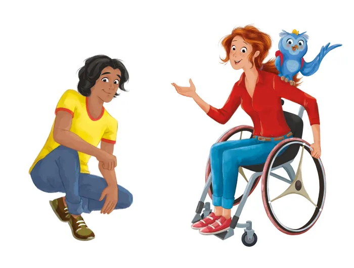 Two people talking, one in wheelchair with blue bird on shoulder