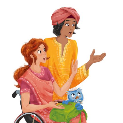 Surprised woman and man in traditional clothes with a blue angry owl.