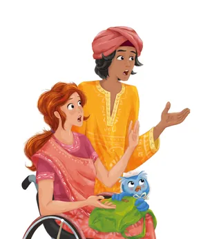 Surprised woman and man in traditional clothes with a blue angry owl.