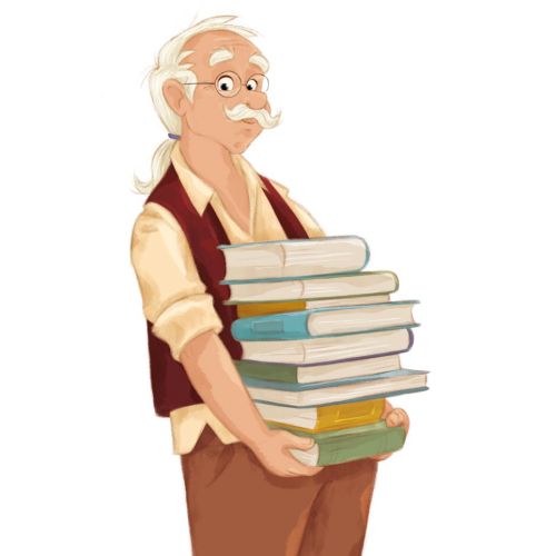 Senior man holding many books, wearing casual clothes and sandals.