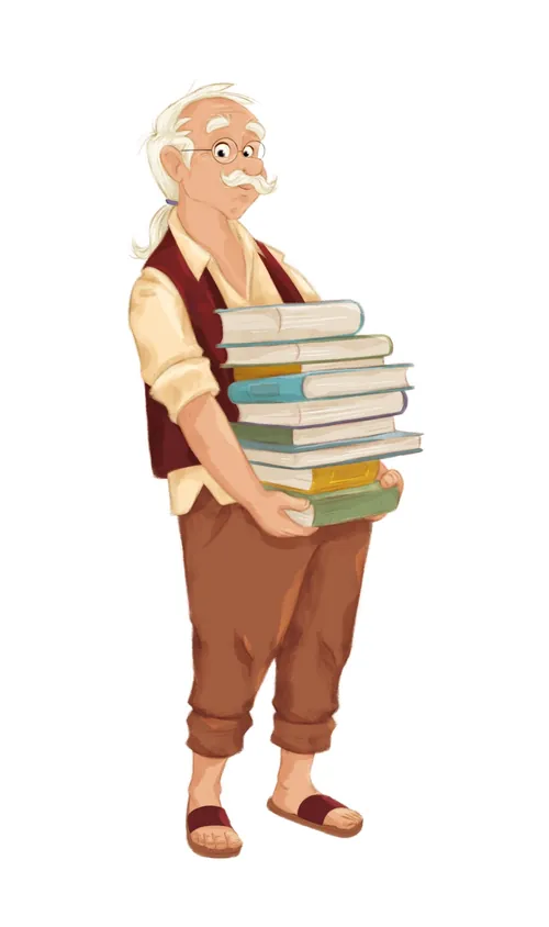 Ein älterer Mann, der viele Bücher trägt, ist leger gekleidet und trägt Sandalen.