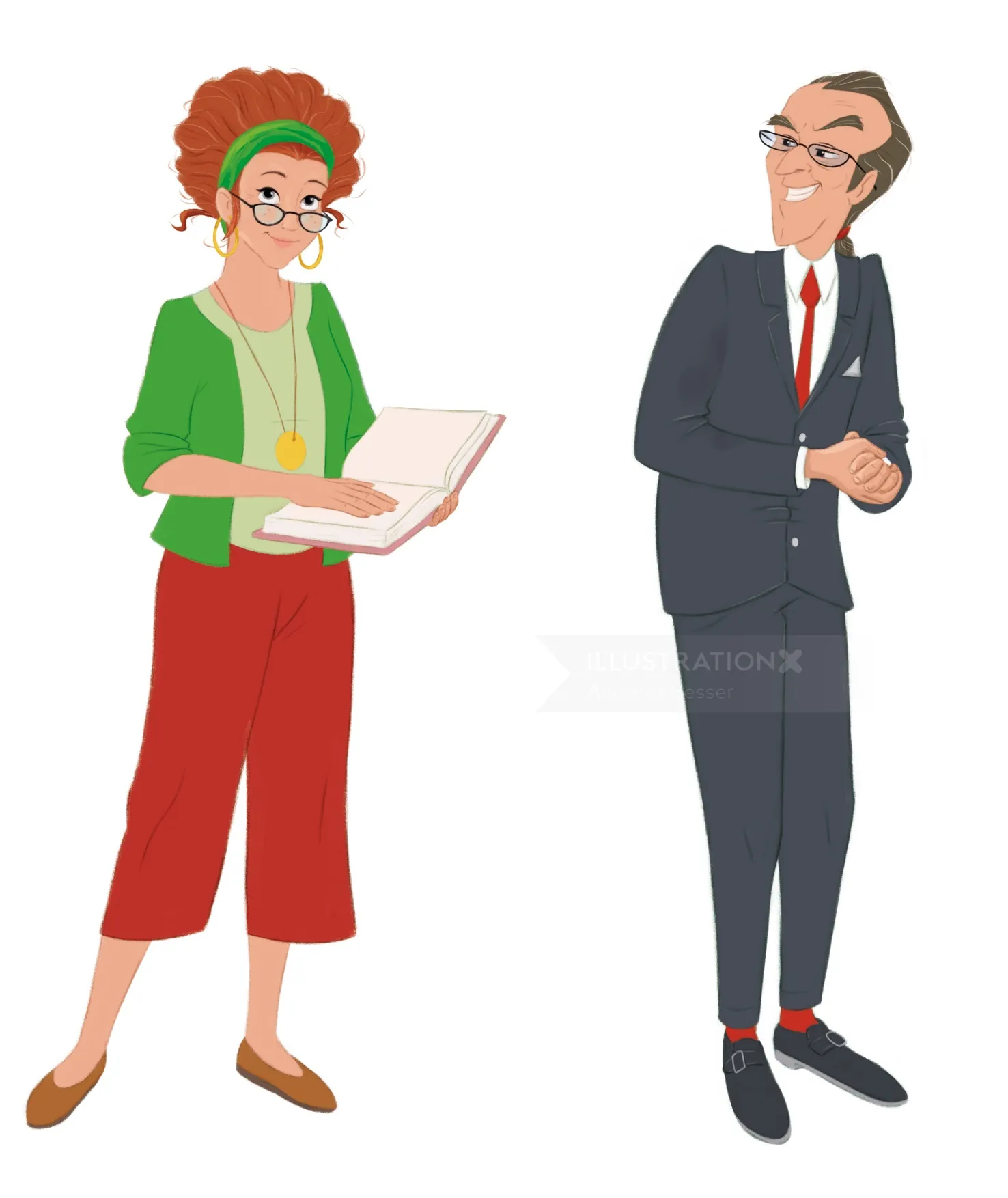 Woman reading book and man in suit standing nearby