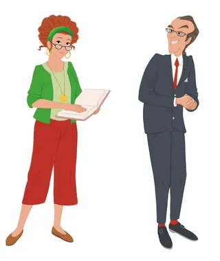 Woman reading book and man in suit standing nearby