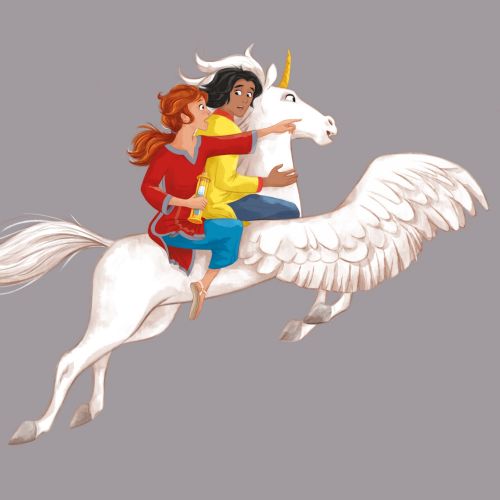 Two girls riding a white winged unicorn in flight