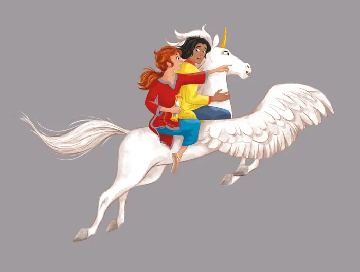 Two girls riding a white winged unicorn in flight