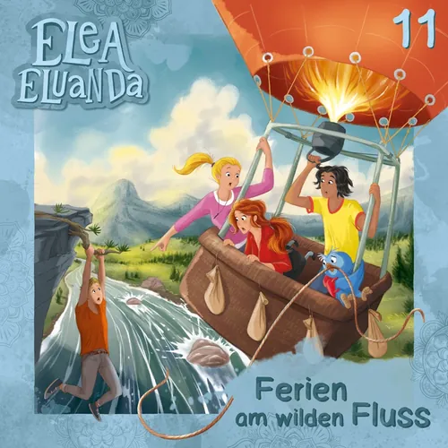 Kinder in einem Heißluftballon über einem reißenden Fluss, während eine Person an einem Seil hängt.