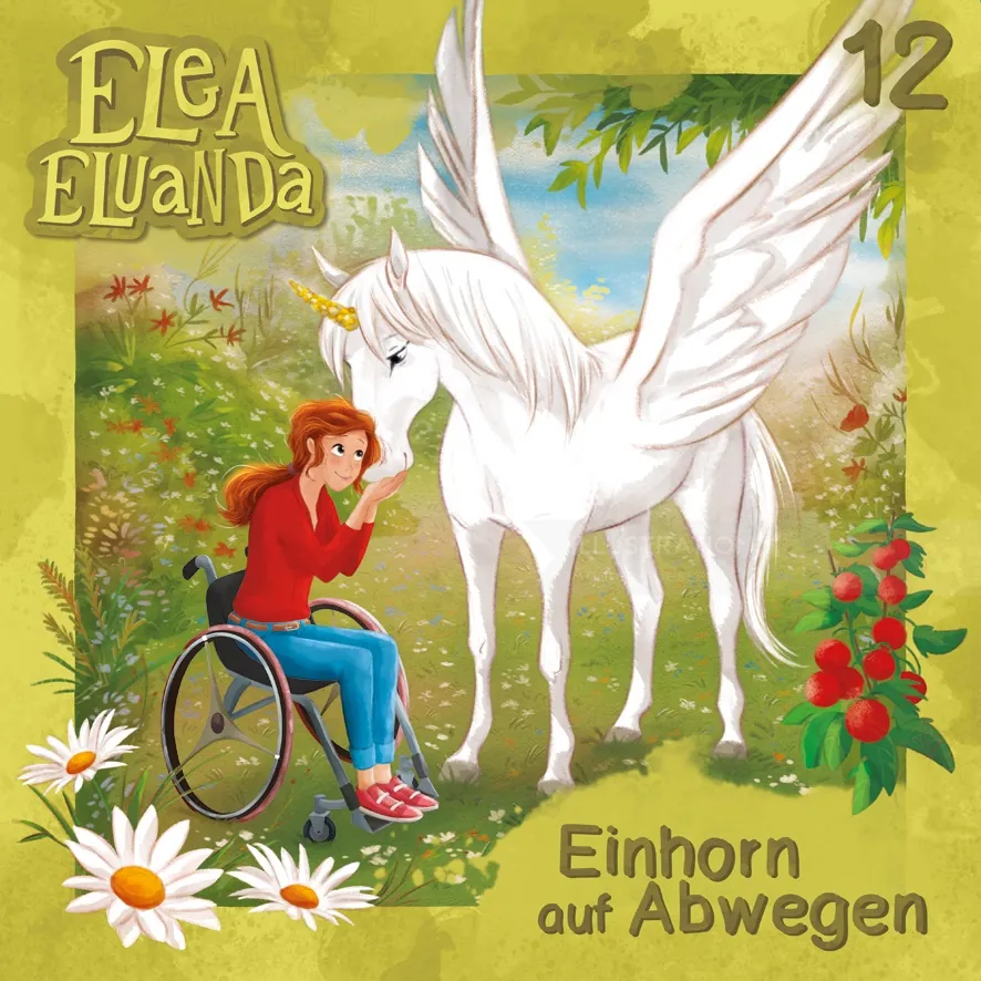 Mädchen im Rollstuhl berührt ein weißes Einhorn mit Flügeln in einem Garten