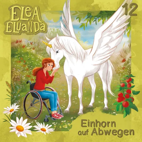 Mädchen im Rollstuhl berührt ein weißes Einhorn mit Flügeln in einem Garten