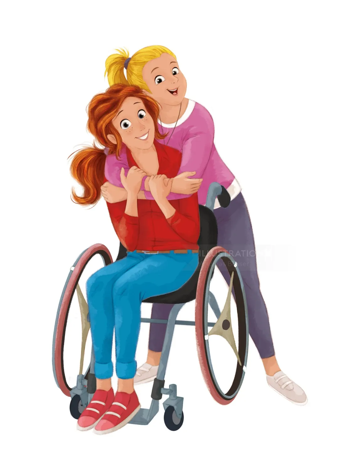 Woman in wheelchair hugged by friend, both smiling