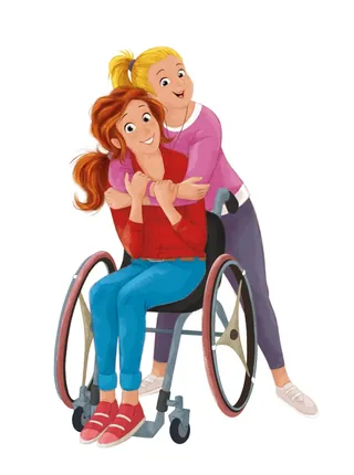 Woman in wheelchair hugged by friend, both smiling