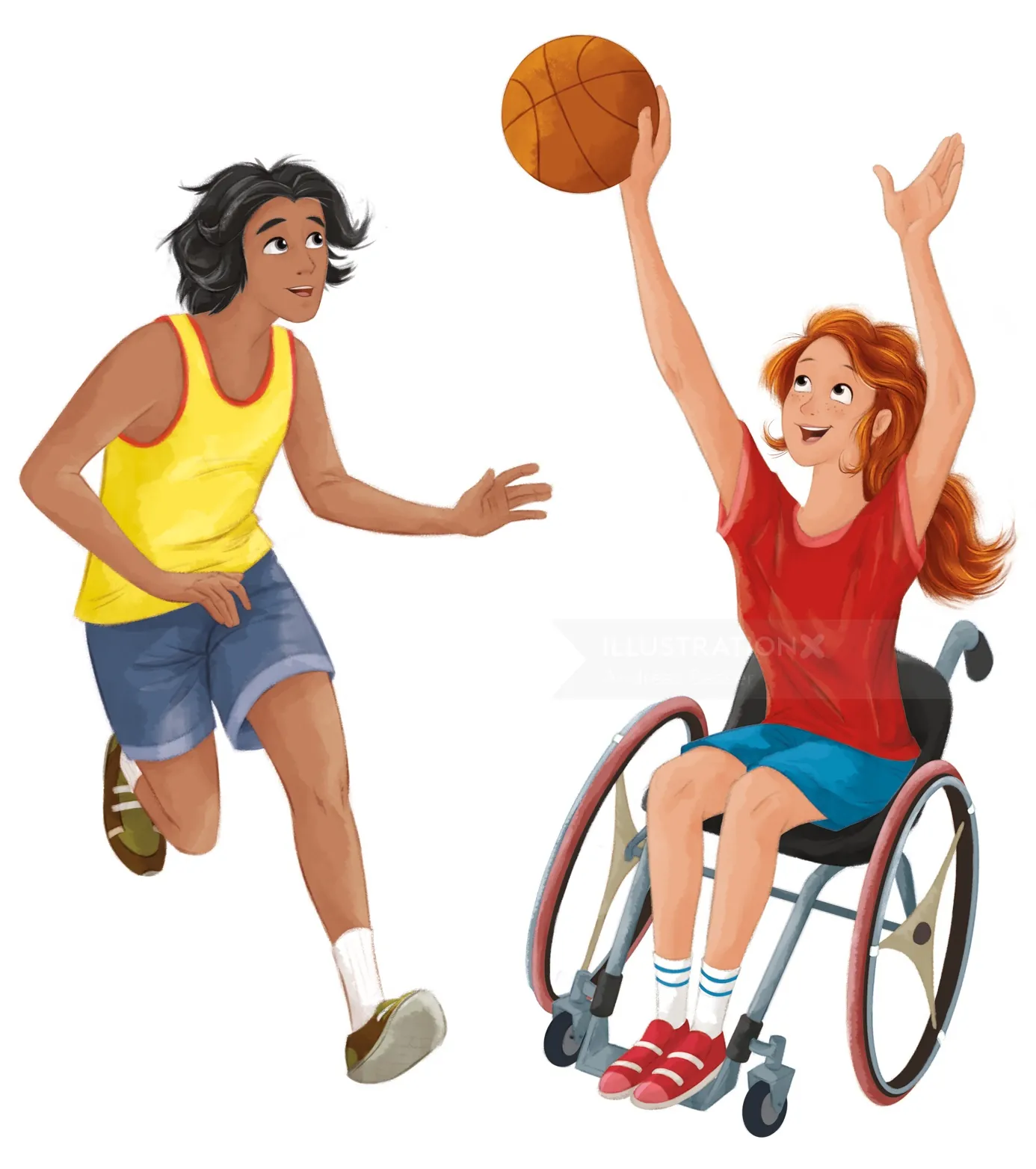 Niña en silla de ruedas jugando al baloncesto con una amiga corriendo a su lado