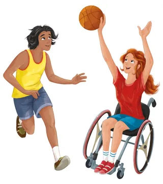 Girl in wheelchair shooting basketball with friend running beside her