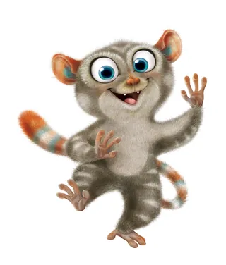 Happy cartoon lemur with big eyes waving hand