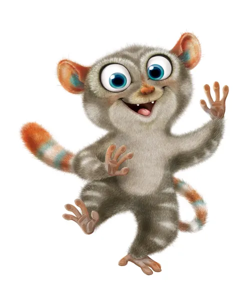 Happy cartoon lemur with big eyes waving hand