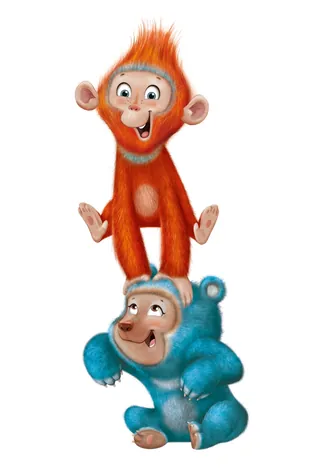 Two cartoon monkeys, one orange standing on the head of a blue one