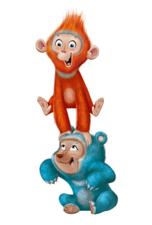 Two cartoon monkeys, one orange standing on the head of a blue one