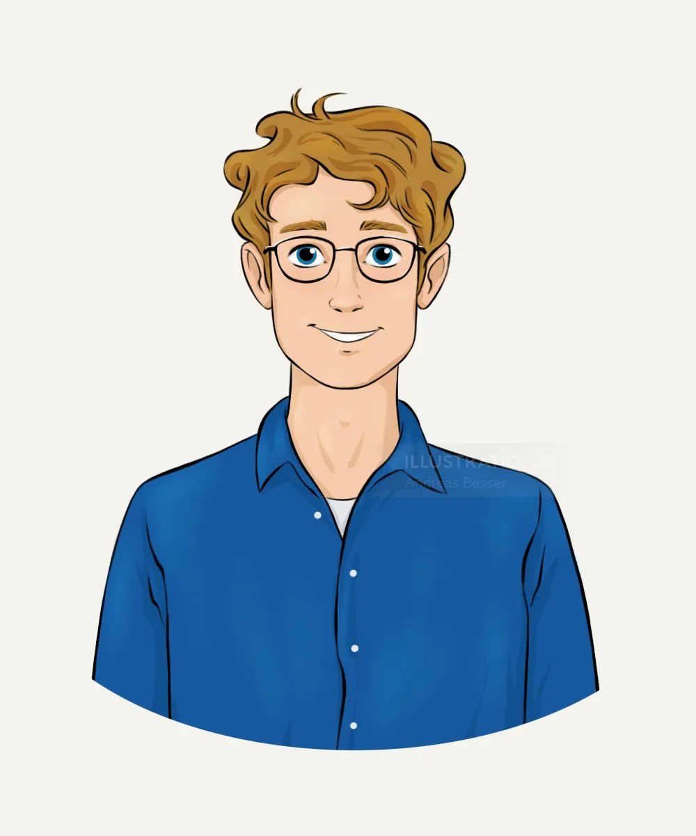 Junger Mann mit Brille und braunen Haaren in einem blauen Hemd
