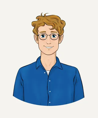 Young man with glasses and brown hair in a blue shirt