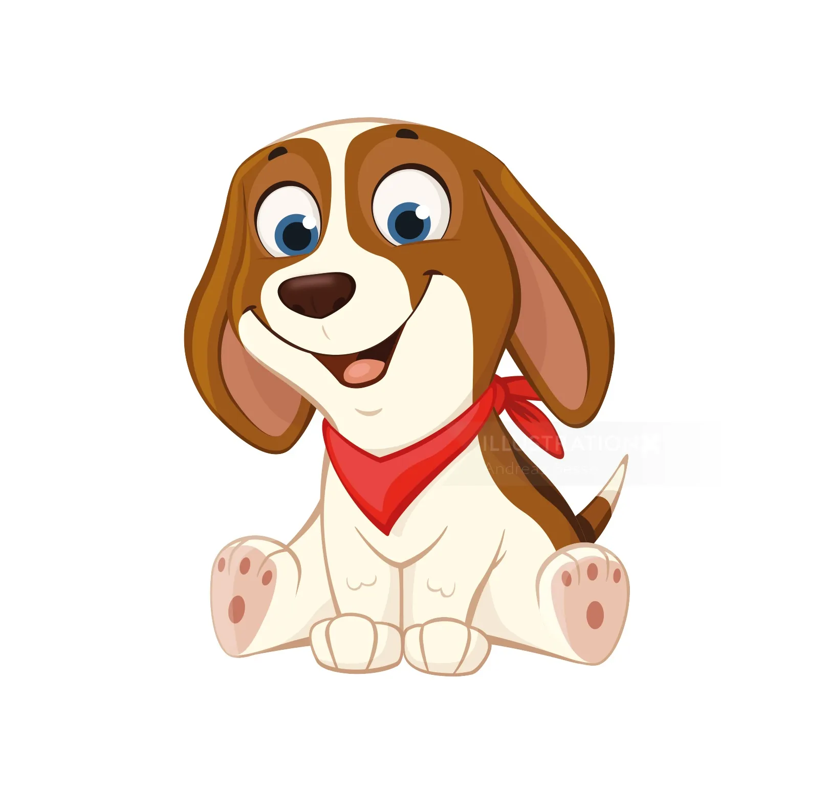 戴着红头巾坐着的快乐卡通小猎犬