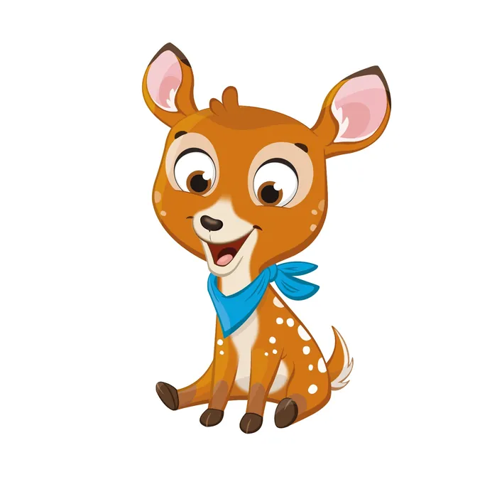 Smiling baby deer cartoon wearing blue scarf sitting