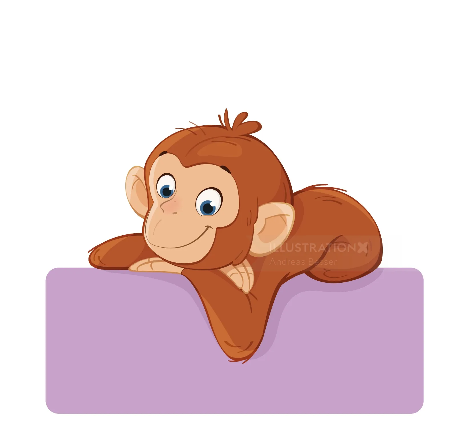 Macaco de desenho animado sorridente descansando em placa roxa