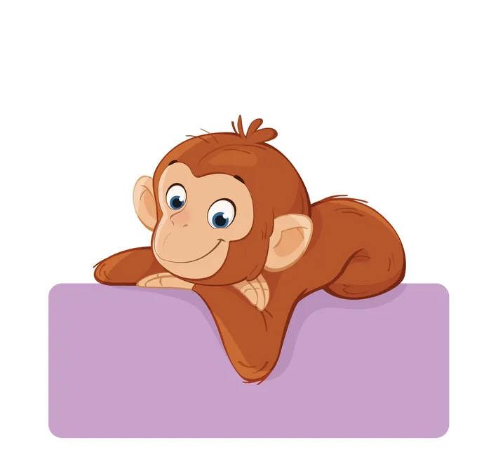Smiling cartoon monkey resting on purple sign
