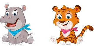 Happy baby hippo and tiger wearing scarves sitting side by side