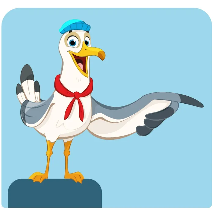 Happy seagull cartoon waving with blue hat and red scarf
