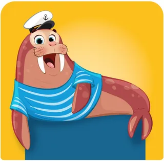 Happy cartoon walrus in sailor hat and striped shirt