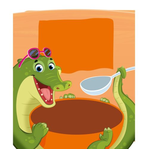 Crocodilo de desenho animado feliz com óculos de sol segurando placa e colher