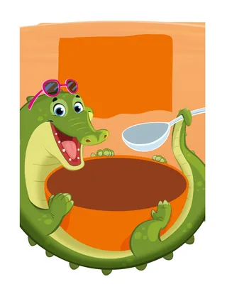 Happy cartoon crocodile with sunglasses holding sign and spoon